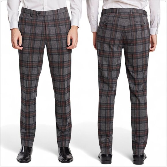 Paisley & Gray Downing Slim Stretch Tartan Plaid Charcoal Pants NWT New 42 x 32 - Picture 1 of 6